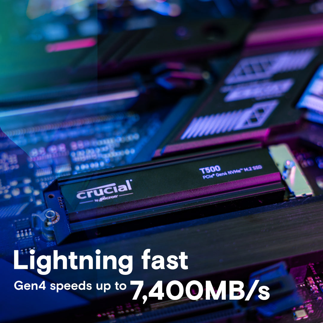 Crucial T500 PCIE GEN4 NVME M.2 HEATSINK. Speed up to 7,400MB/s, Load games 16% faster Crucial T500 PCIE GEN4 NVME M.2 HEATSINK. Speed up to 7,400MB/s, Load games 16% faster